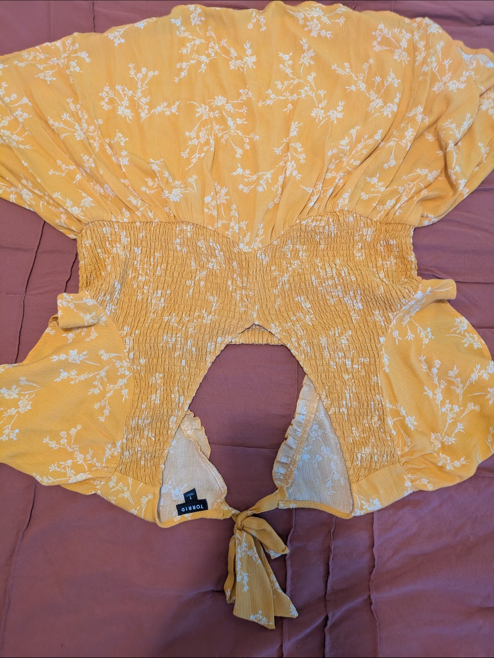 torrid Yellow Floral Smocked Tie-Back Crop Top